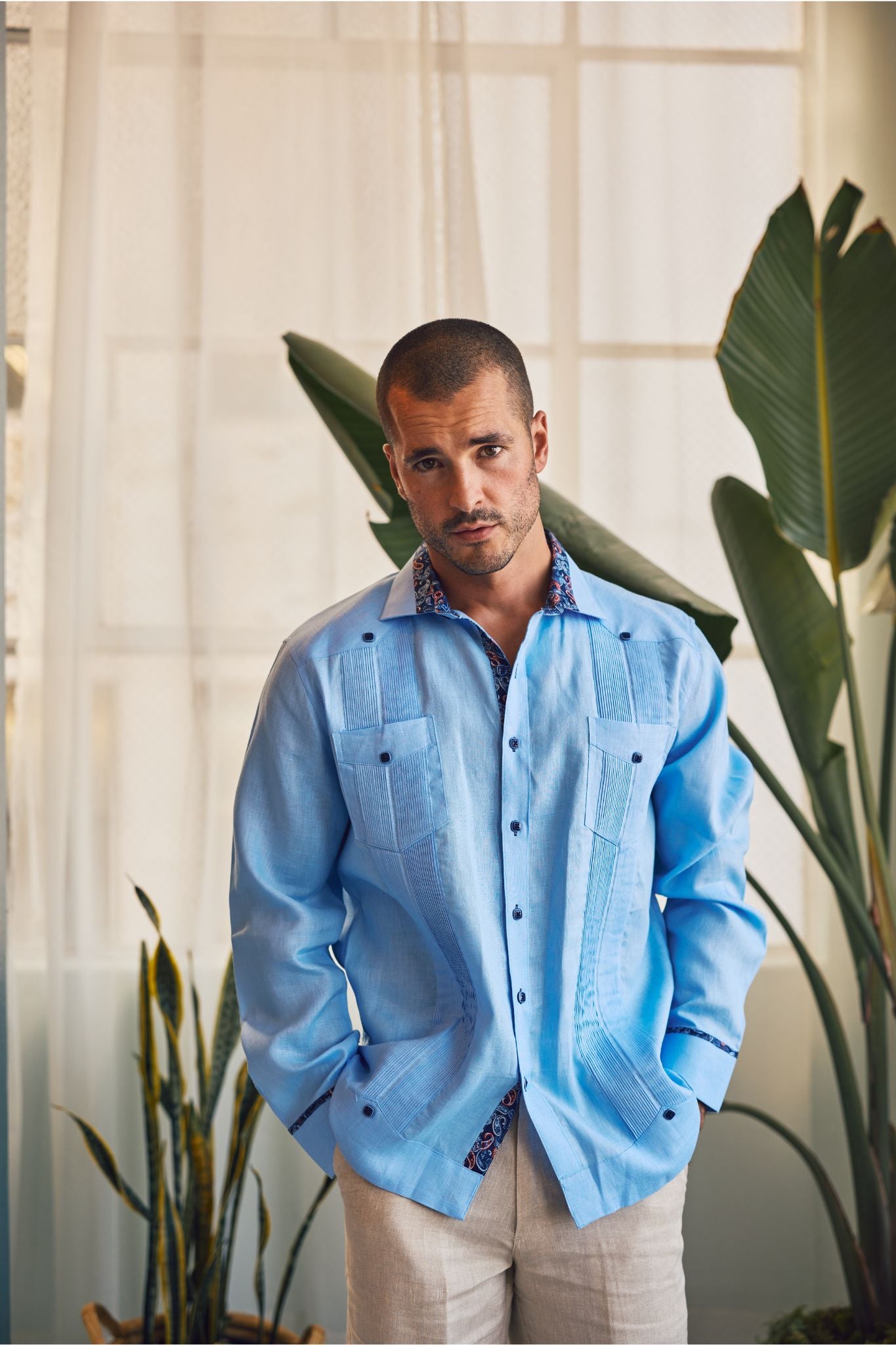 Men's 100% Linen Guayabera Chacabana Shirt Long Sleeve with Contrast Accent Trim