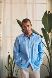 Men's 100% Linen Guayabera Chacabana Shirt Long Sleeve with Contrast Accent Trim