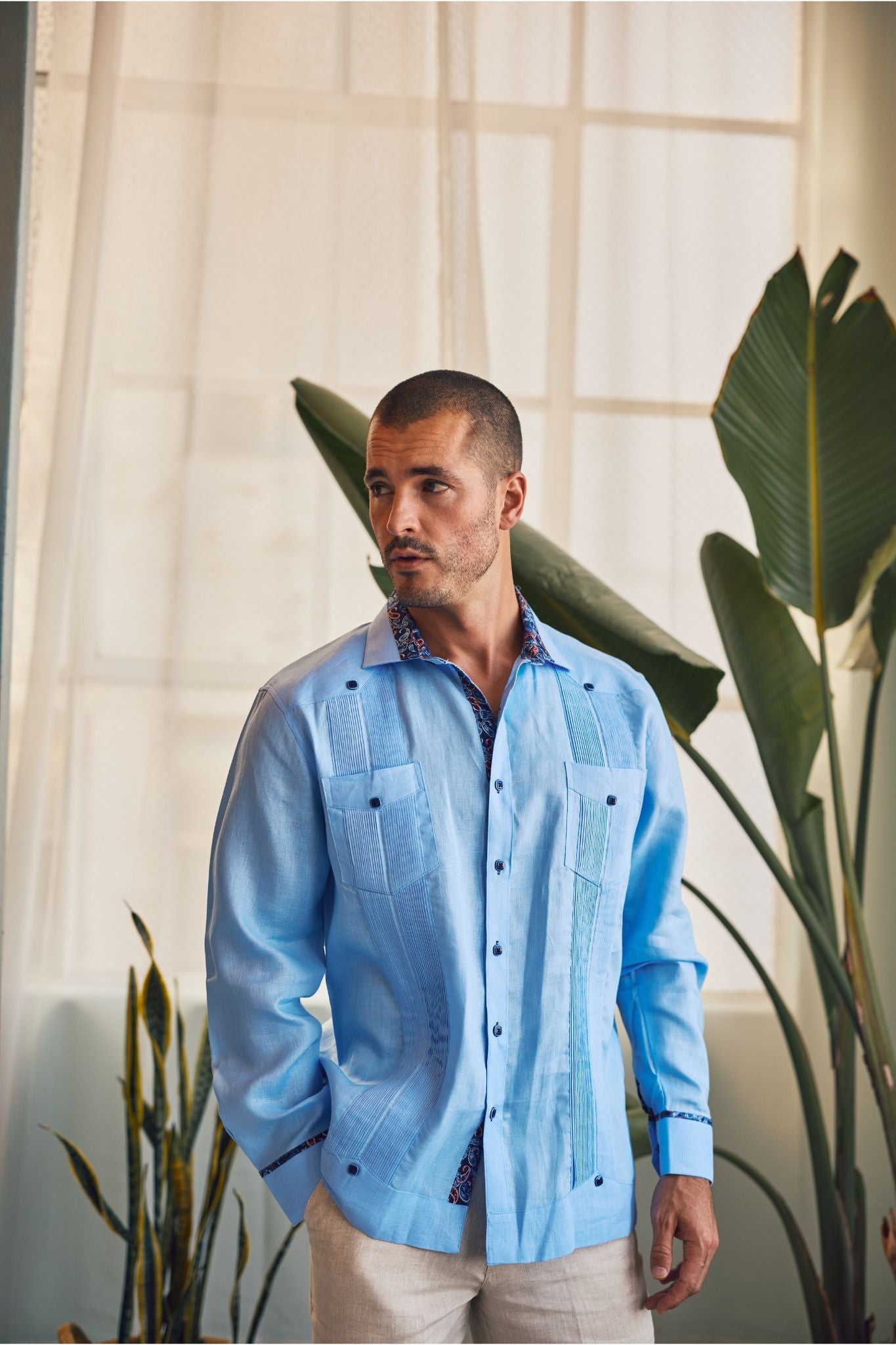 Men's 100% Linen Guayabera Chacabana Shirt Long Sleeve with Contrast Accent Trim