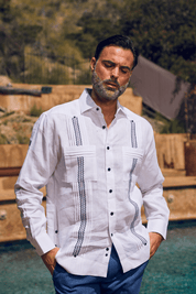 100% Linen Embroidery Trimmed Guayabera Long Sleeve