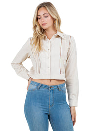 Mojito Women's Stylish Cropped Guayabera Shirt with Cutout Trim