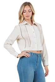 Mojito Women's Stylish Cropped Guayabera Shirt with Cutout Trim