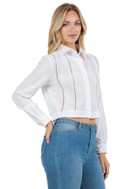 Mojito Women's Stylish Cropped Guayabera Shirt with Cutout Trim
