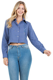 Mojito Women's Stylish Cropped Guayabera Shirt with Embroidery
