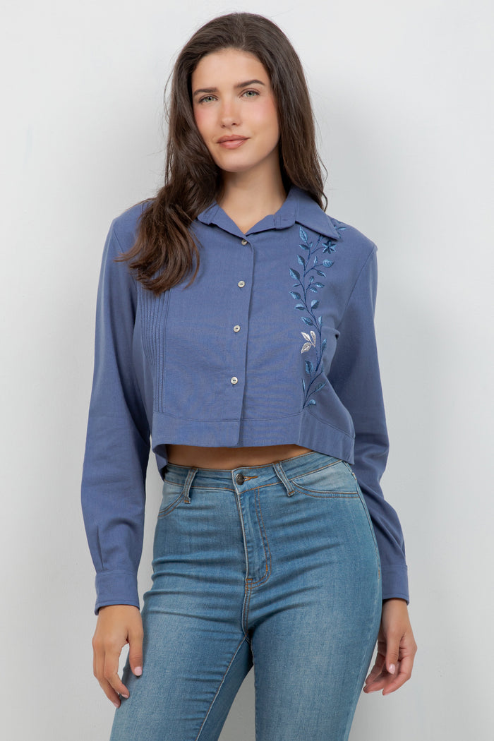 Stylish Cropped Guayabera Shirt with Embroidery