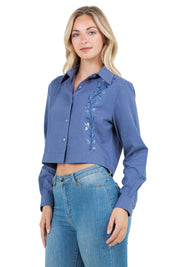 Mojito Women's Stylish Cropped Guayabera Shirt with Embroidery