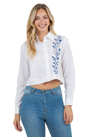 Mojito Women's Stylish Cropped Guayabera Shirt with Embroidery