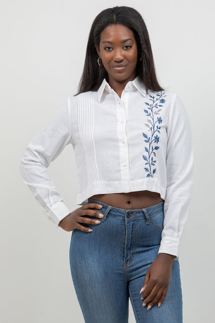 Women's white embroidered cropped guayabera shirt, long sleeve, front view, vacation outfit, Mojito Collection