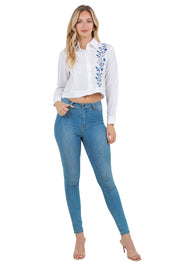 Mojito Women's Stylish Cropped Guayabera Shirt with Embroidery