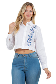 Mojito Women's Stylish Cropped Guayabera Shirt with Embroidery