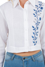 Mojito Women's Stylish Cropped Guayabera Shirt with Embroidery