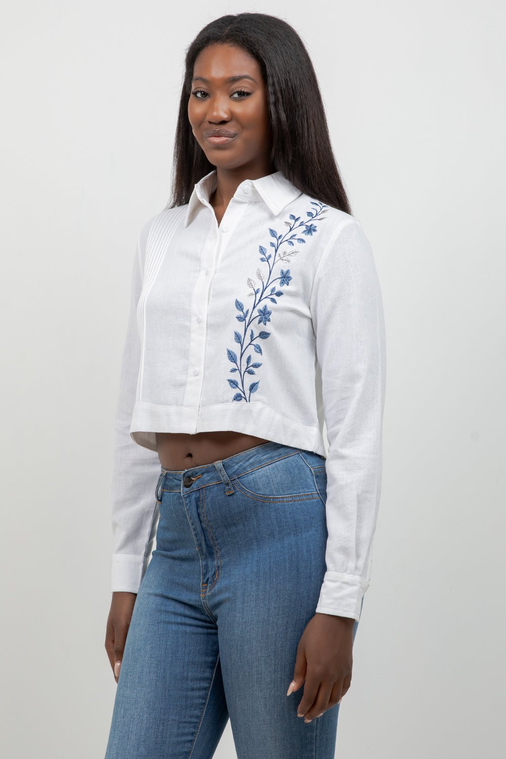 Women's white embroidered cropped guayabera shirt, long sleeve, cobalt sky embroidery, Mojito Collection