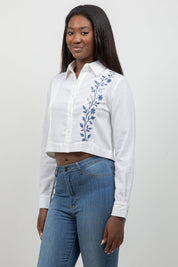 Women's white embroidered cropped guayabera shirt, long sleeve, cobalt sky embroidery, Mojito Collection