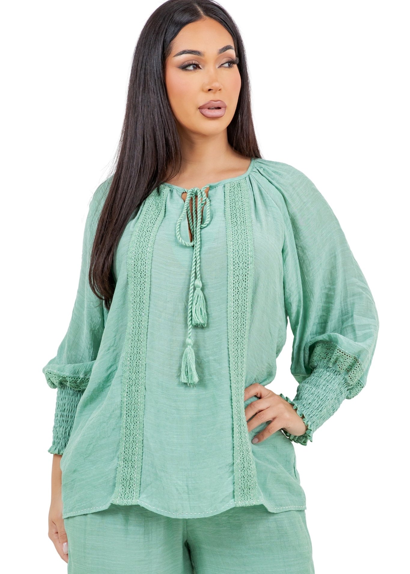 Women's Casual Resort Wear Boho Tassel Peasant Blouse with Lace Trim and Smocked Sleeves