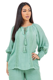 Women's Casual Resort Wear Boho Tassel Peasant Blouse with Lace Trim and Smocked Sleeves
