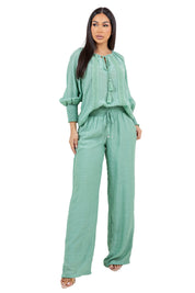 Women's Casual Resort Wear Boho Tassel Peasant Blouse with Lace Trim and Smocked Sleeves