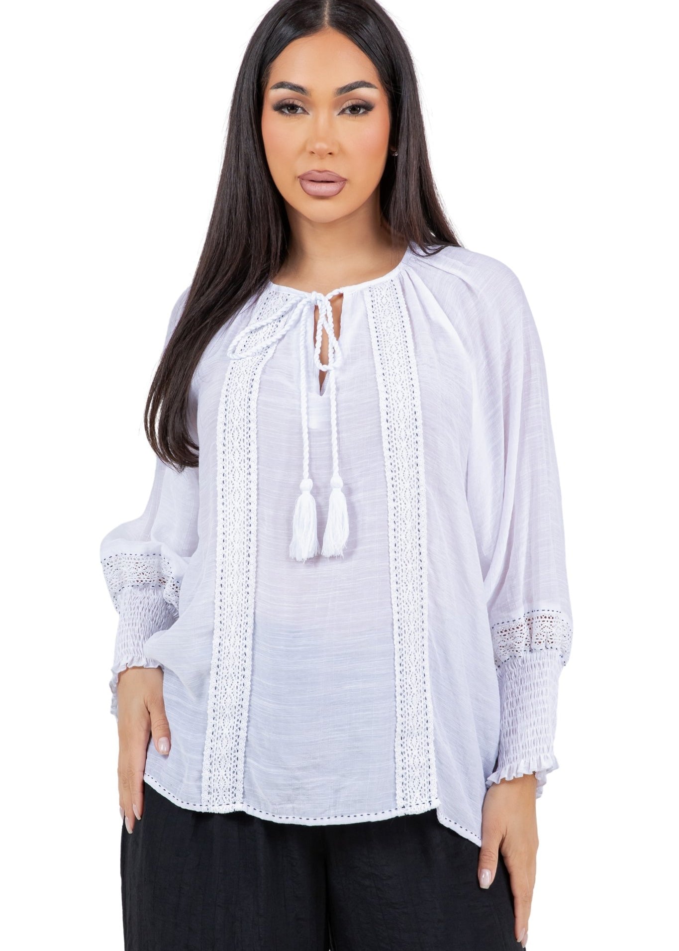 Women's Casual Resort Wear Boho Tassel Peasant Blouse with Lace Trim and Smocked Sleeves
