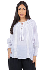 Women's Casual Resort Wear Boho Tassel Peasant Blouse with Lace Trim and Smocked Sleeves