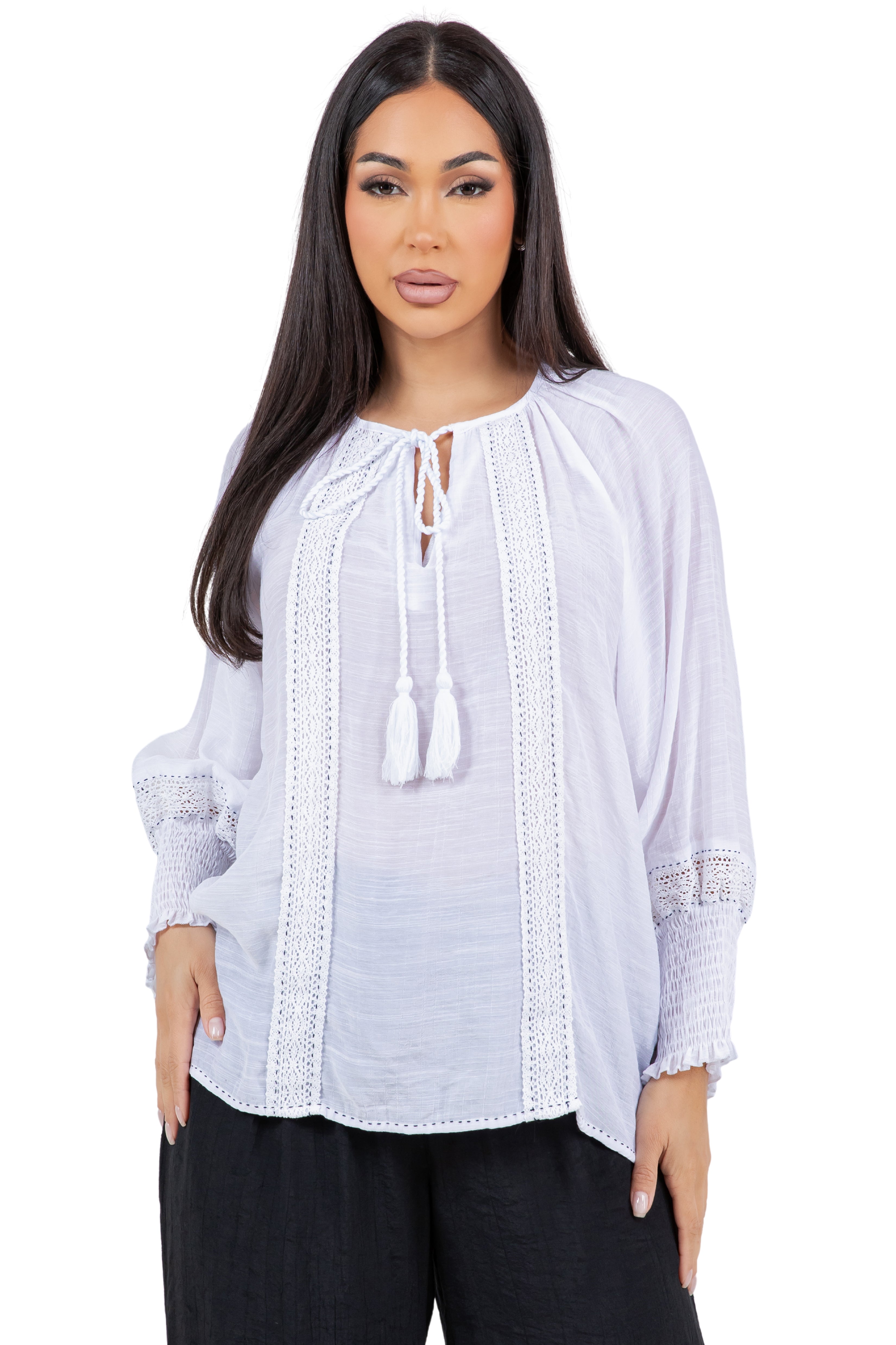 Women's Casual Resort Wear Boho Tassel Peasant Blouse with Lace Trim and Smocked Sleeves