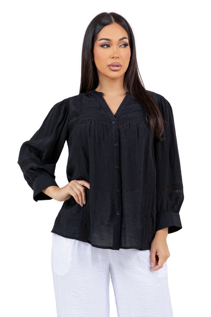 Smiling woman wears a blue Ladies Boho Lace Trim Blouse with Tank 3/4 Dress Set, shown from the waist up.