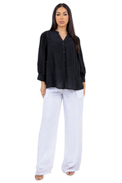 Women's Casual Resort Wear Boho Blouse Button Down with Crochet Lace Trim and 3/4 Sleeves