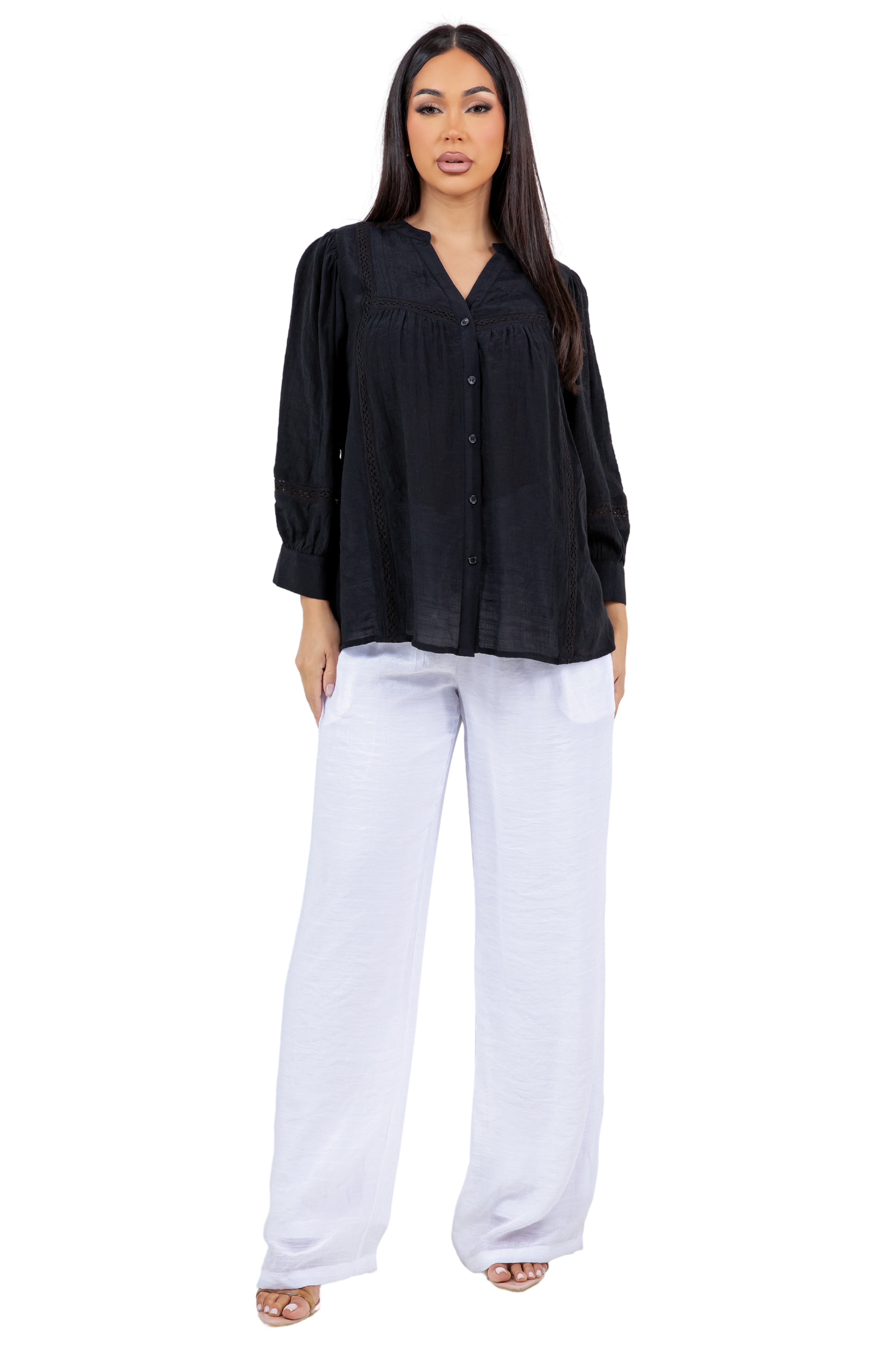 Women's Casual Resort Wear Boho Blouse Button Down with Crochet Lace Trim and 3/4 Sleeves