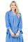 Smiling woman wears a blue Ladies Boho Lace Trim Blouse with Tank 3/4 Dress Set, shown from the waist up.