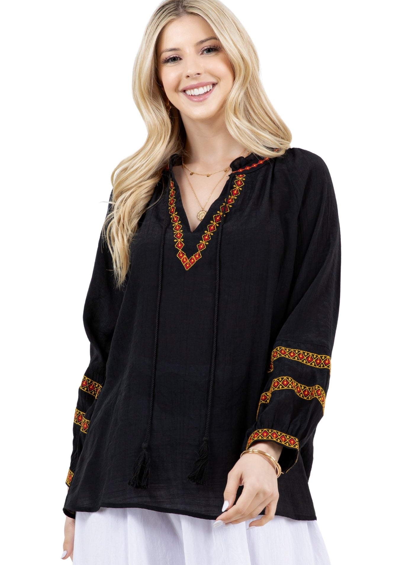 Women's Casual Resort Wear Boho Tassel V Neck Blouse with Contrast Crochet Trim and Long Balloon Sleeves