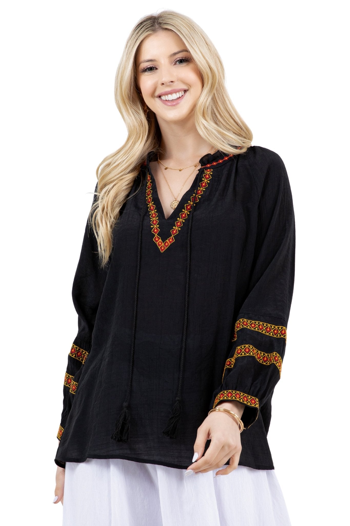 Boho Tassel V-Neck Blouse with Contrast Crochet Trim