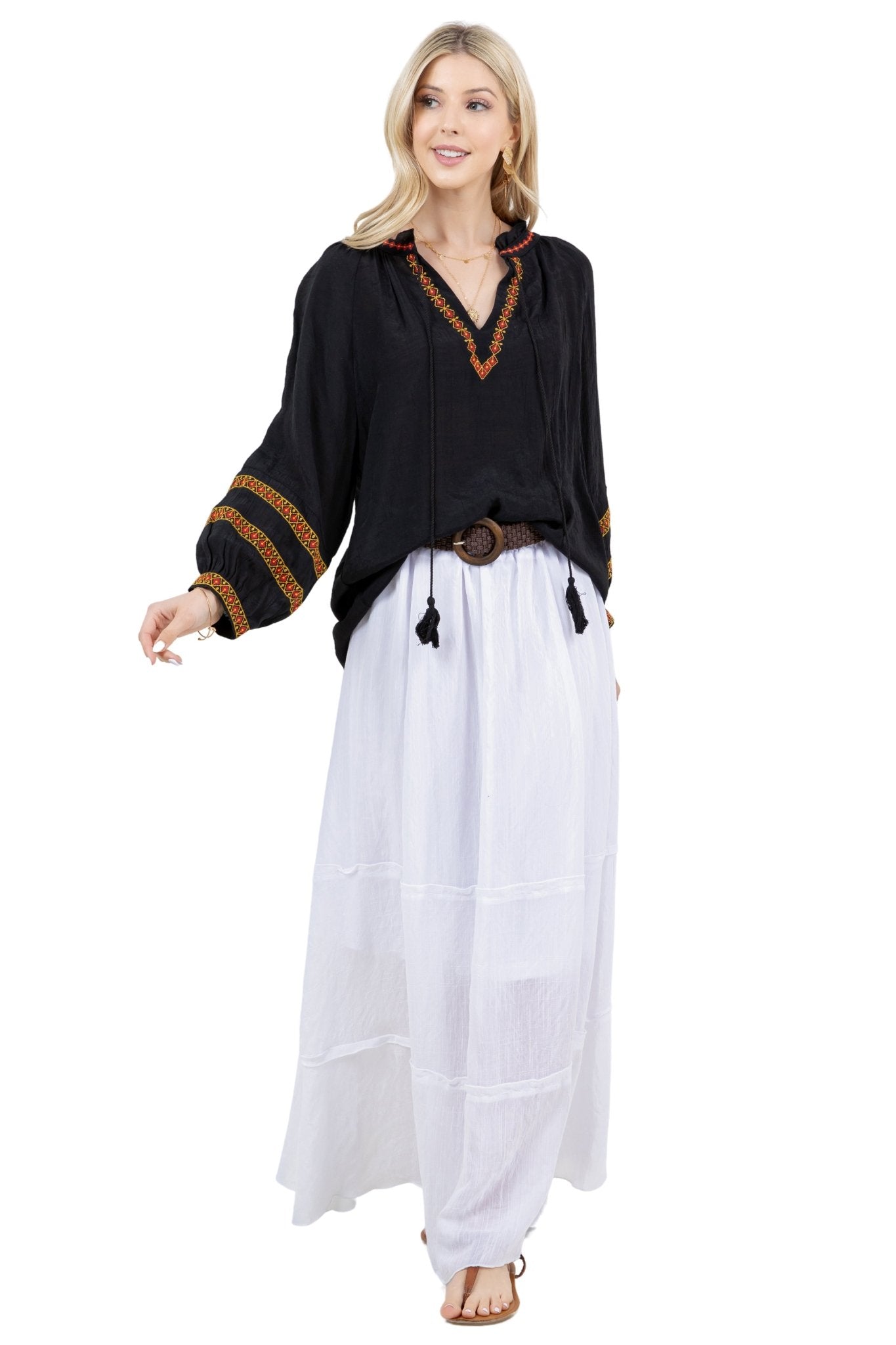 Blusa informal de mujer con escote en V y mangas dolman con ribete de crochet para resort