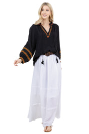 Women's Casual Resort Wear Boho Tassel V Neck Blouse with Contrast Crochet Trim and Long Balloon Sleeves