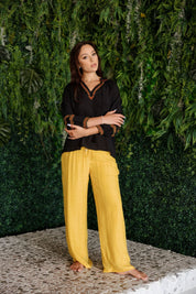 Mojito Women's Casual Resort Wear Boho Tassel V Neck Blouse with Contrast Crochet Trim and Long Balloon Sleeves