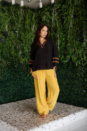 Mojito Women's Casual Resort Wear Boho Tassel V Neck Blouse with Contrast Crochet Trim and Long Balloon Sleeves