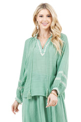 Women's Casual Resort Wear Boho Tassel V Neck Blouse with Contrast Crochet Trim and Long Balloon Sleeves