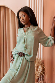 Mojito Women's Casual Resort Wear Boho Tassel V Neck Blouse with Contrast Crochet Trim and Long Balloon Sleeves
