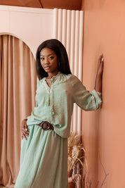 Mojito Women's Casual Resort Wear Boho Tassel V Neck Blouse with Contrast Crochet Trim and Long Balloon Sleeves