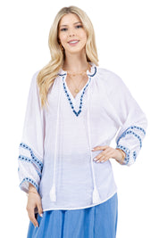 Women's Casual Resort Wear Boho Tassel V Neck Blouse with Contrast Crochet Trim and Long Balloon Sleeves