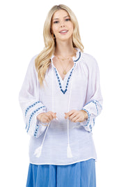 Women's Casual Resort Wear Boho Tassel V Neck Blouse with Contrast Crochet Trim and Long Balloon Sleeves