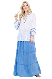 Women's Casual Resort Wear Boho Tassel V Neck Blouse with Contrast Crochet Trim and Long Balloon Sleeves