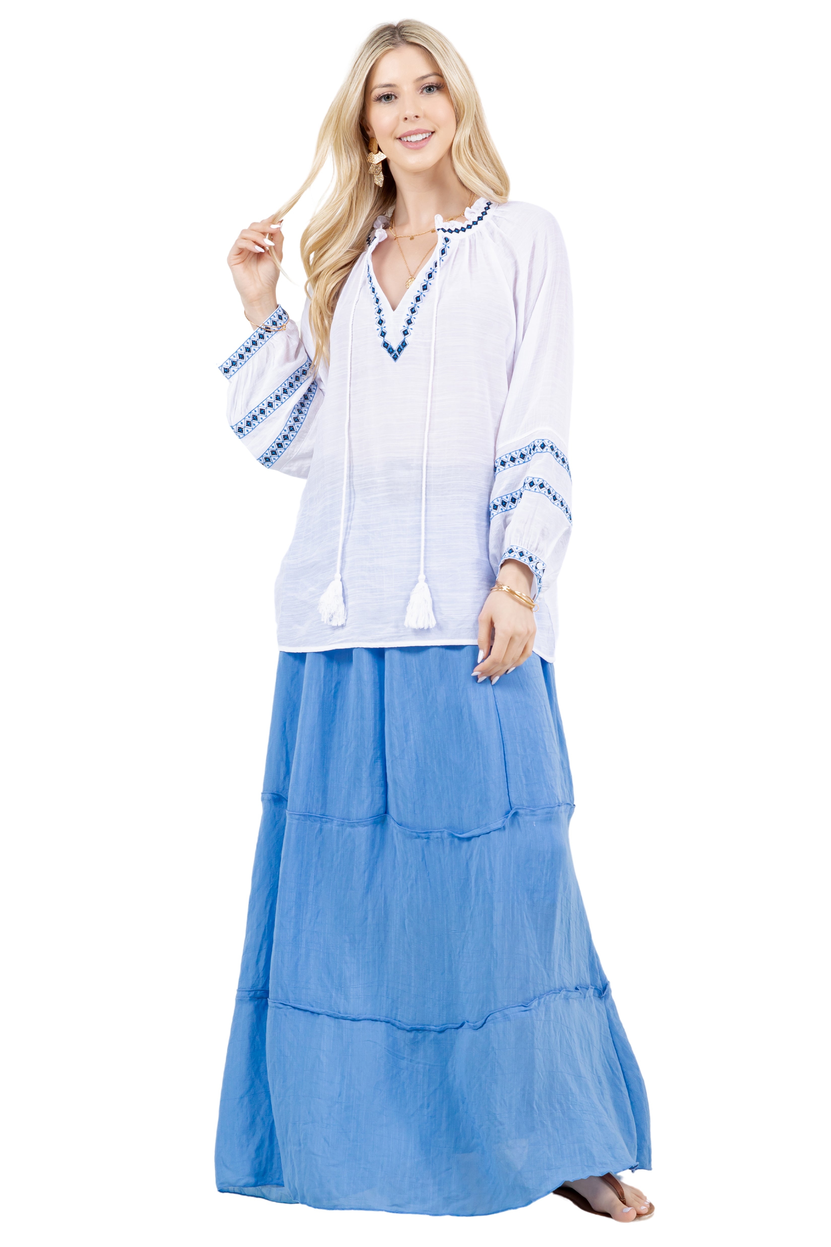 Women's Casual Resort Wear Boho Tassel V Neck Blouse with Contrast Crochet Trim and Long Balloon Sleeves