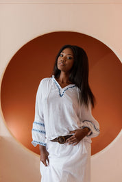 Mojito Women's Casual Resort Wear Boho Tassel V Neck Blouse with Contrast Crochet Trim and Long Balloon Sleeves