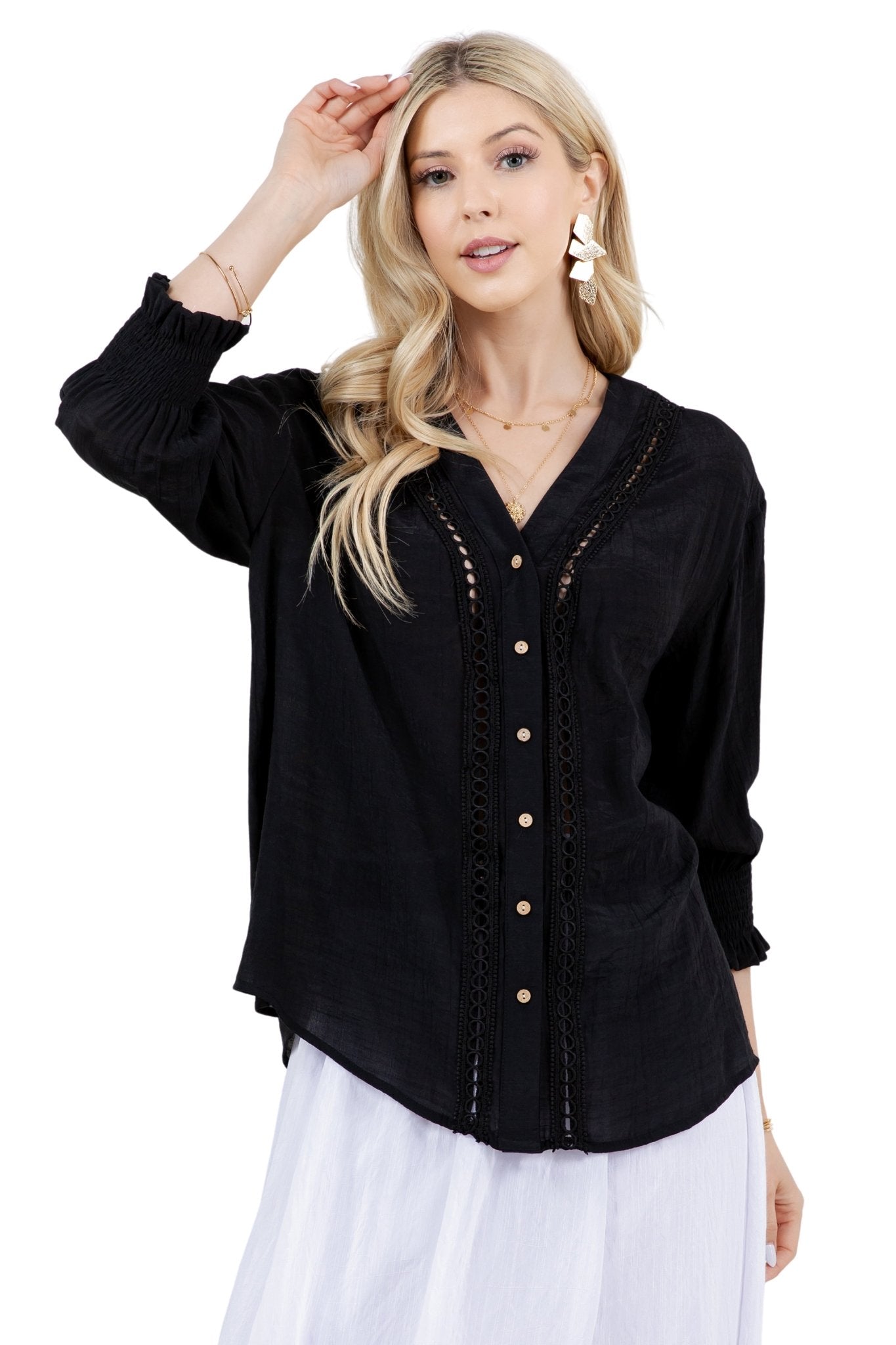 Women's Casual Resort Wear Boho Blouse Button Down with Crochet Lace Trim V Neck and 3/4 Smocked Sleeves