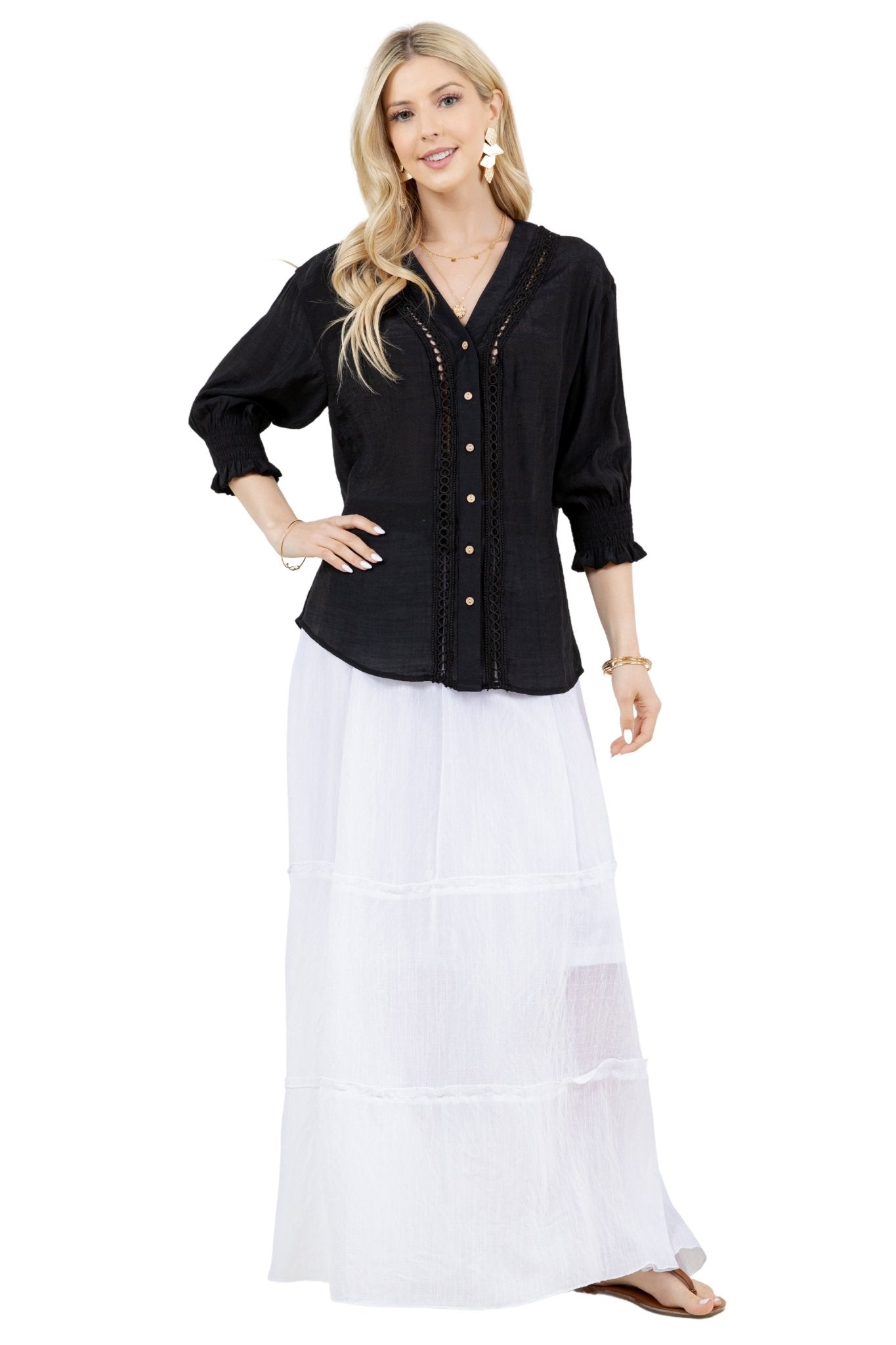 Women's Casual Resort Wear Boho Blouse Button Down with Crochet Lace Trim V Neck and 3/4 Smocked Sleeves