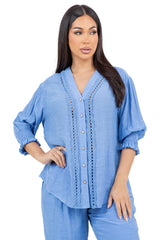 Women's Casual Resort Wear Boho Blouse Button Down with Crochet Lace Trim V Neck and 3/4 Smocked Sleeves