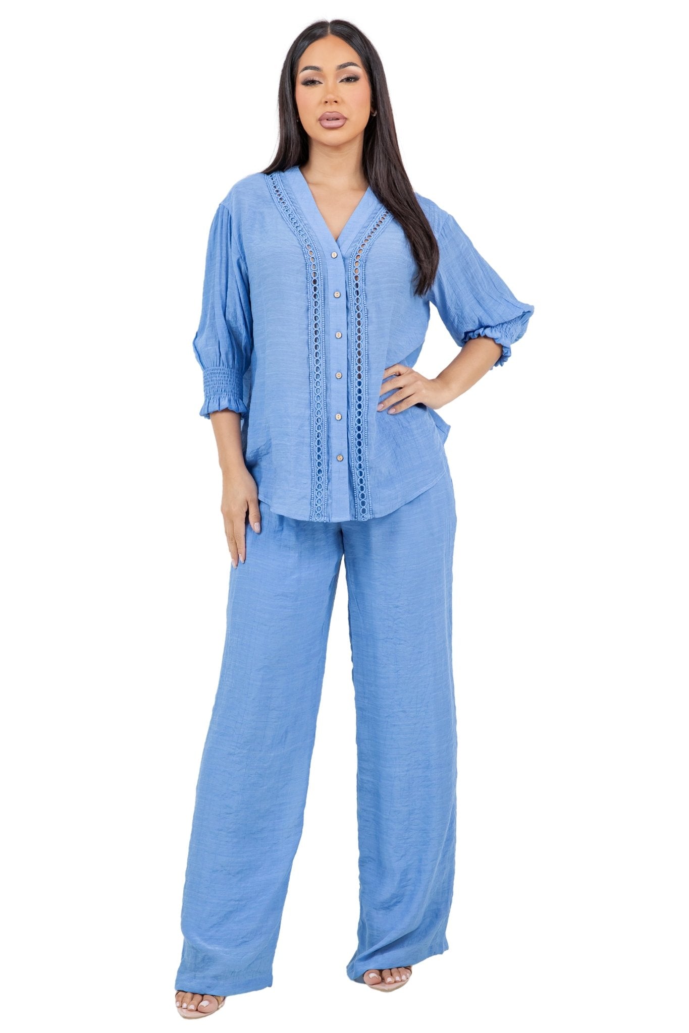 Women's Casual Resort Wear Boho Blouse Button Down with Crochet Lace Trim V Neck and 3/4 Smocked Sleeves