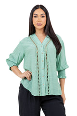 Women's Casual Resort Wear Boho Blouse Button Down with Crochet Lace Trim V Neck and 3/4 Smocked Sleeves