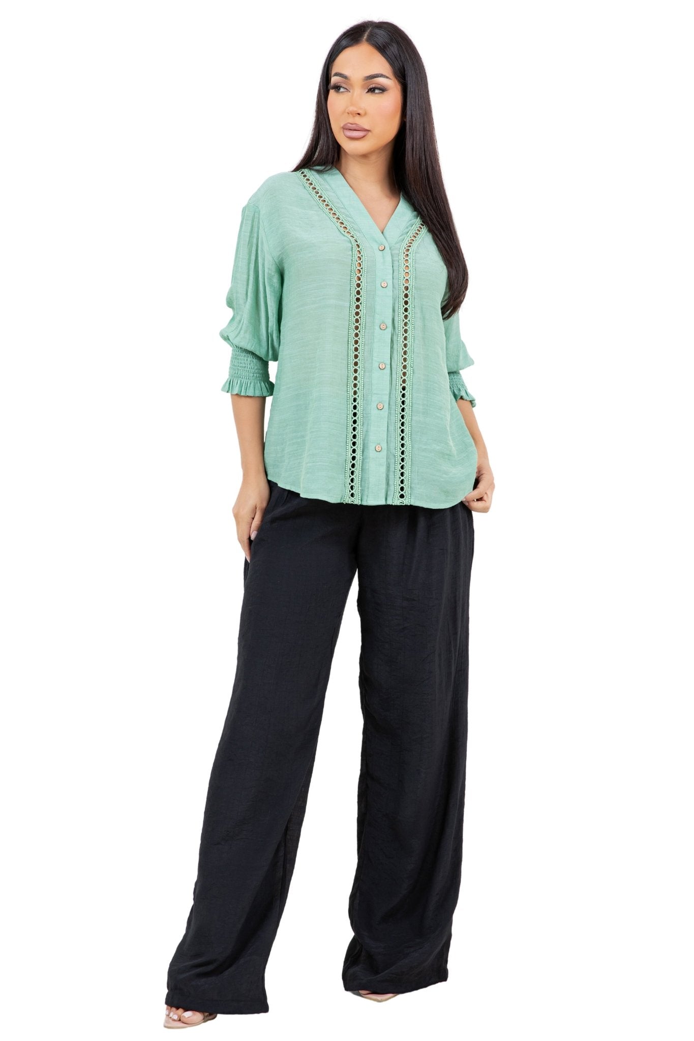 Women's Casual Resort Wear Boho Blouse Button Down with Crochet Lace Trim V Neck and 3/4 Smocked Sleeves