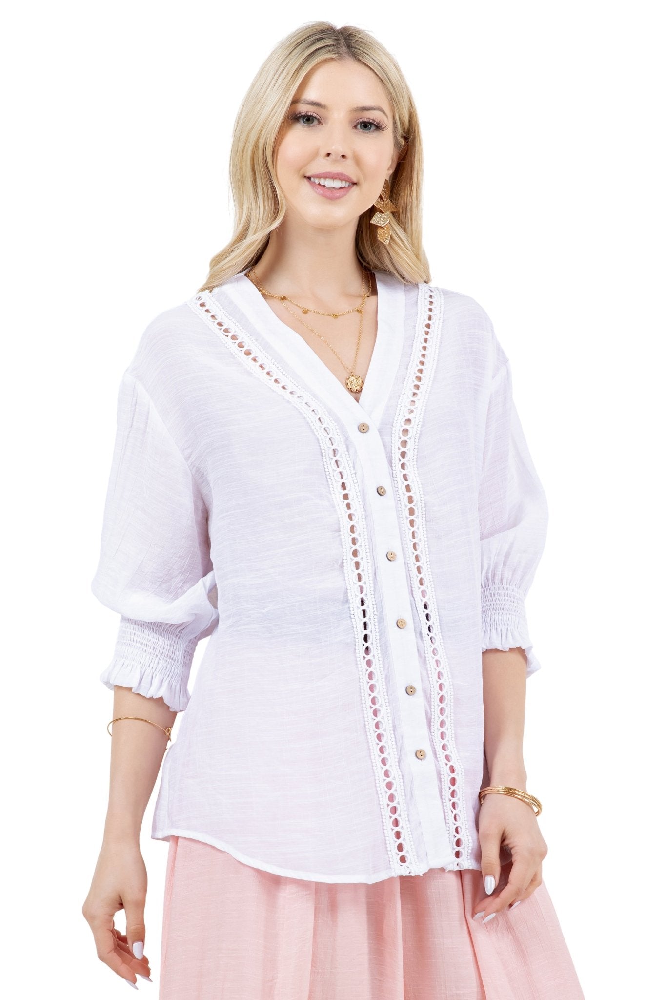 Women's Casual Resort Wear Boho Blouse Button Down with Crochet Lace Trim V Neck and 3/4 Smocked Sleeves