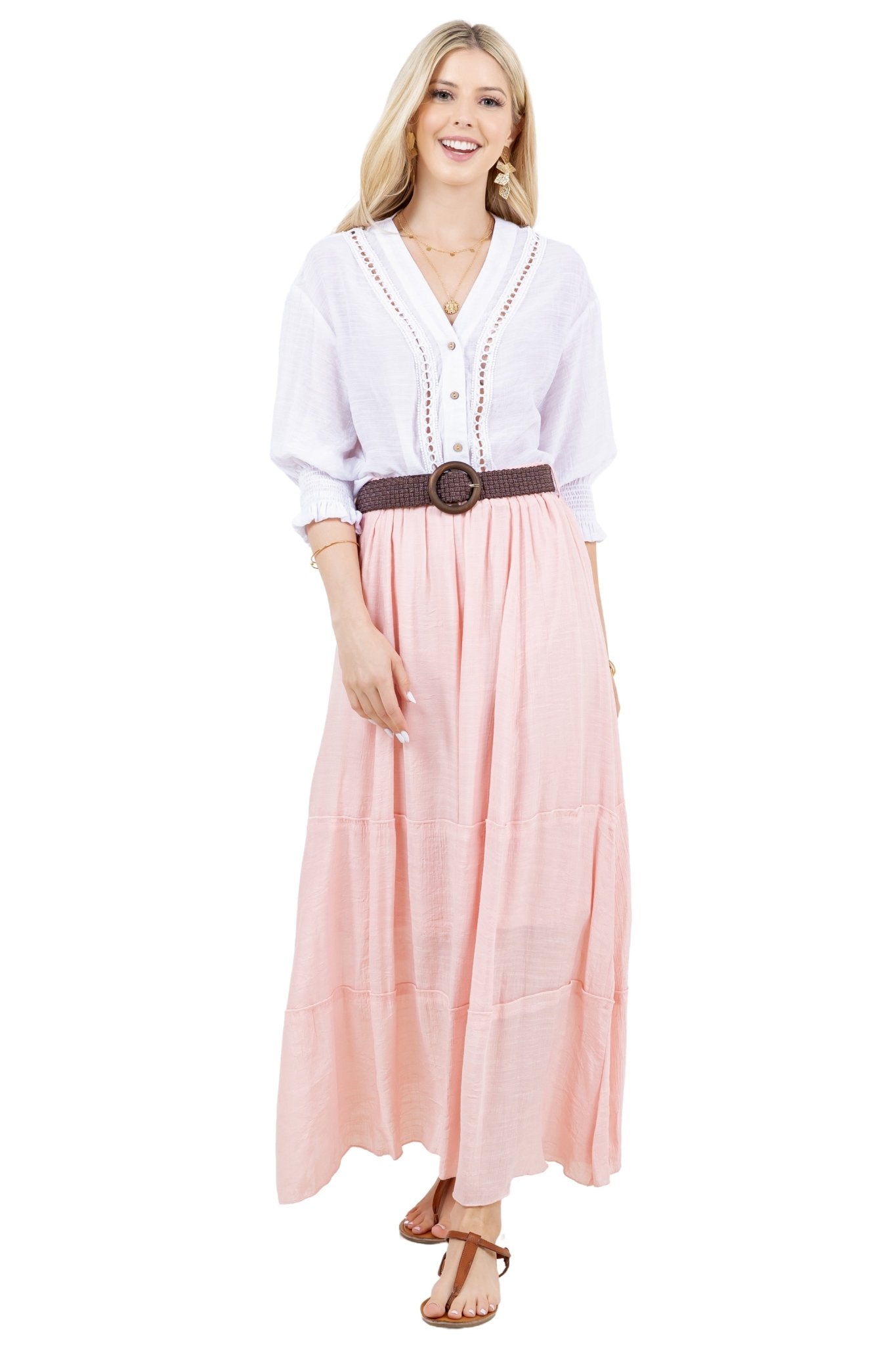 Women's Casual Resort Wear Boho Blouse Button Down with Crochet Lace Trim V Neck and 3/4 Smocked Sleeves