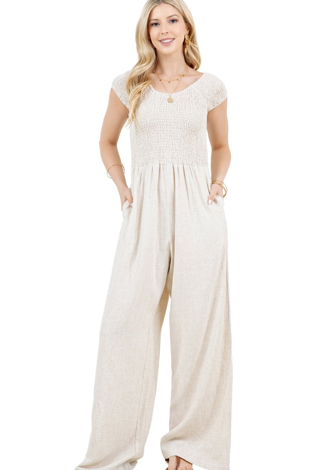 Women's Casual Resort Wear Linen Blend Summer Jumpsuit  with Smocked Top and Wide Leg